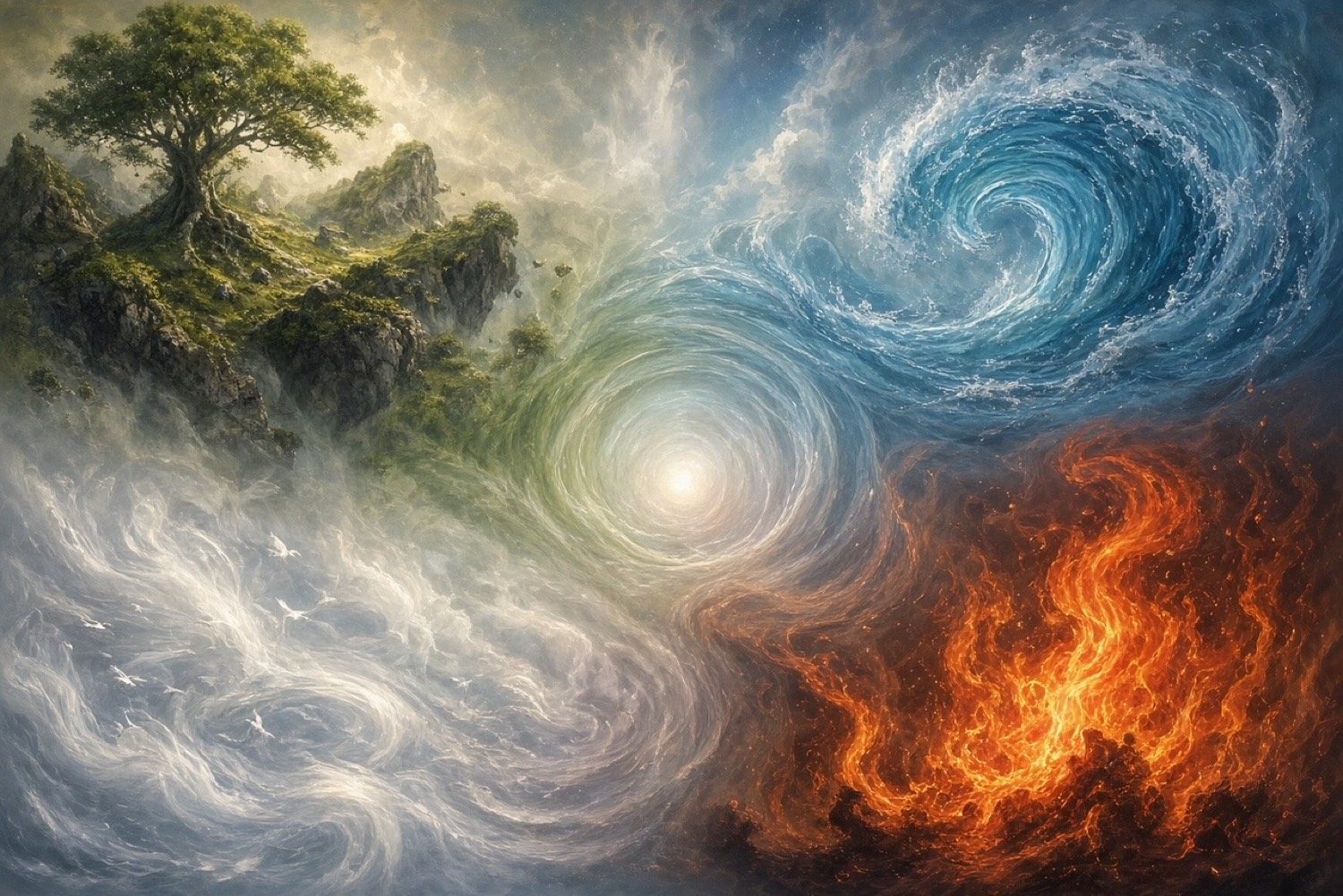 Earth, water, air, and fire spiraling into a luminous ether at the center.